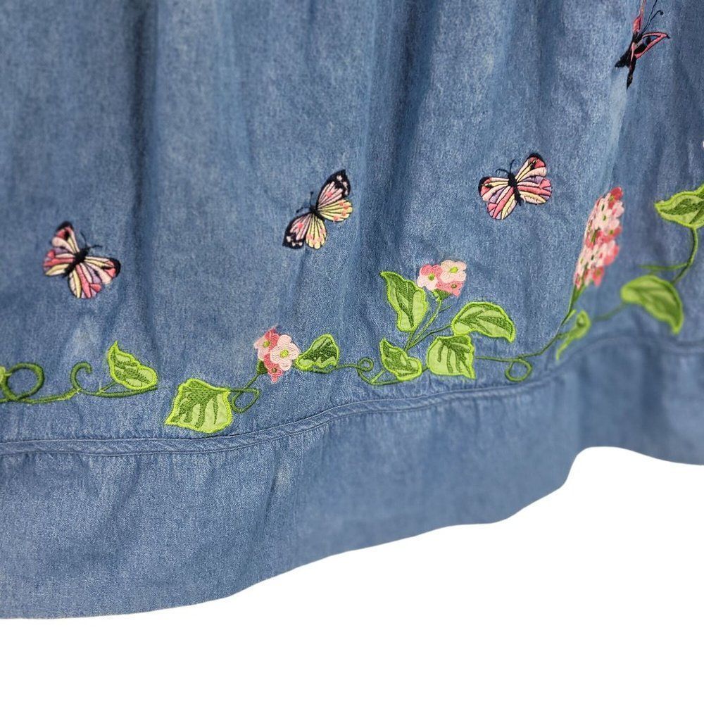 Vintage Denim Midi Dress S Blue Floral Butterfly Embroidered Puff Sleeve Kidcore - Picture 8 of 16